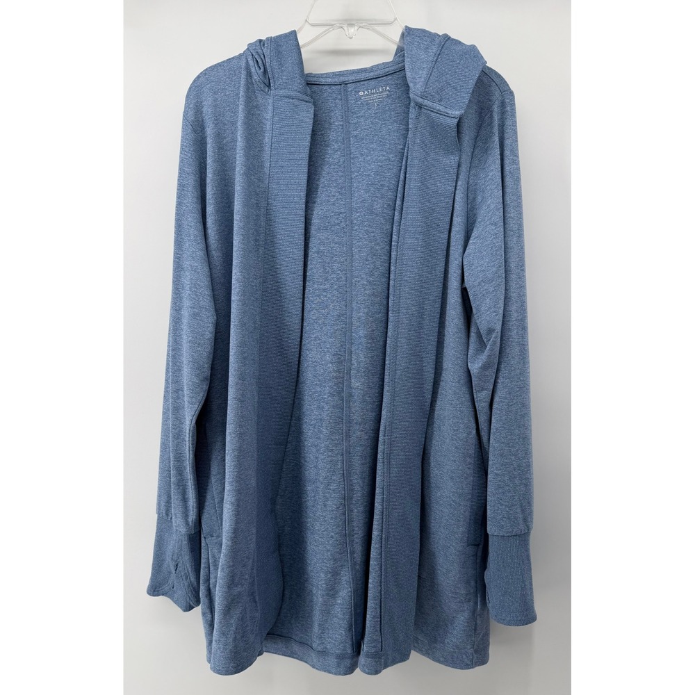 Athleta Pranayama Wrap II Heathered Blue Hooded Cardigan Thumbholes Womens Large